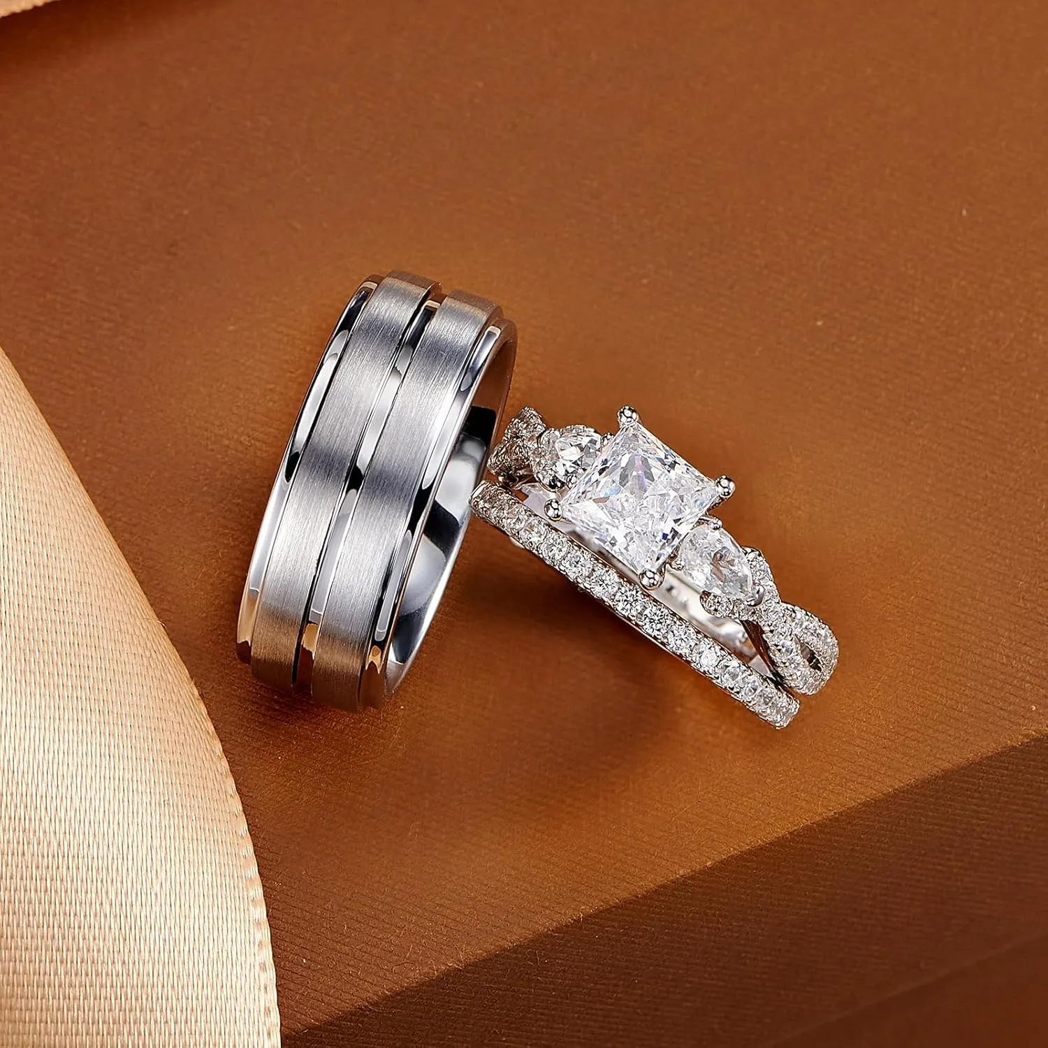 Newshe Jewellery Wedding Rings Set for Him and Her AAAAA Cz Women Mens Tungsten Bands 925 Sterling Silver Couples Size 5-12