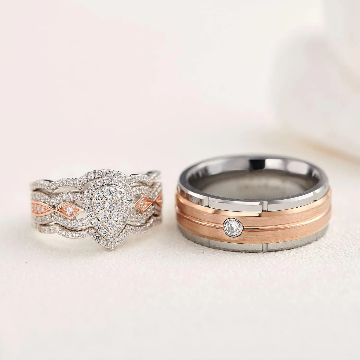 Newshe Jewellery Wedding Rings Set for Him and Her AAAAA Cz Women Mens Tungsten Bands 925 Sterling Silver Rose Gold 5-13