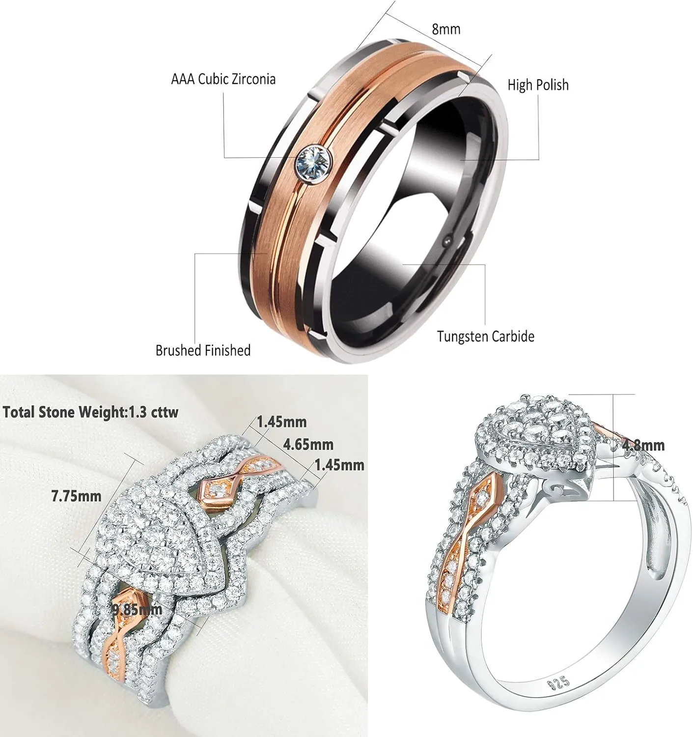 Newshe Jewellery Wedding Rings Set for Him and Her AAAAA Cz Women Mens Tungsten Bands 925 Sterling Silver Rose Gold 5-13