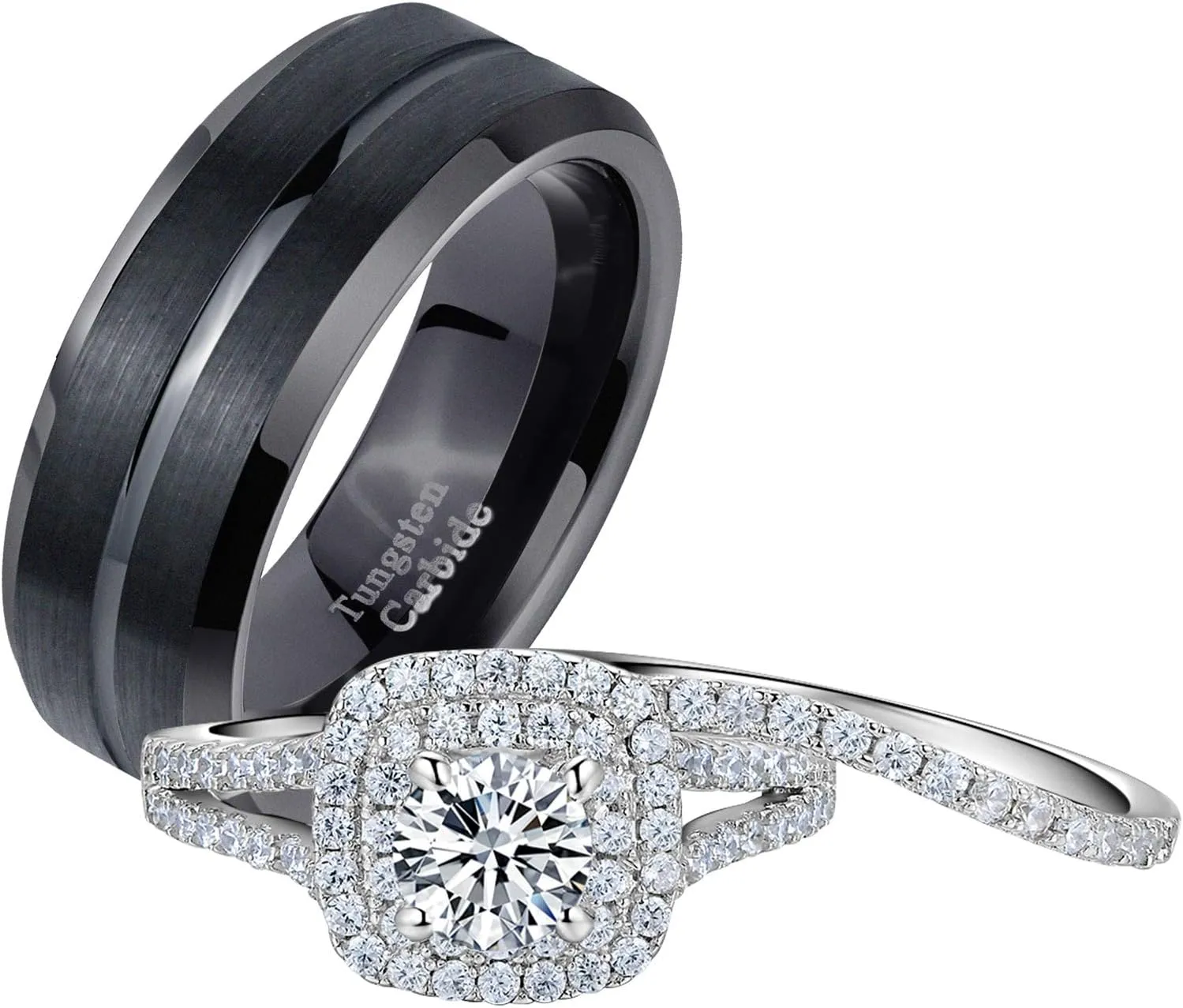 Newshe Jewellery Wedding Rings Set for Him and Her Women Mens Tungsten Bands Cz 925 Sterling Silver Black 5-13