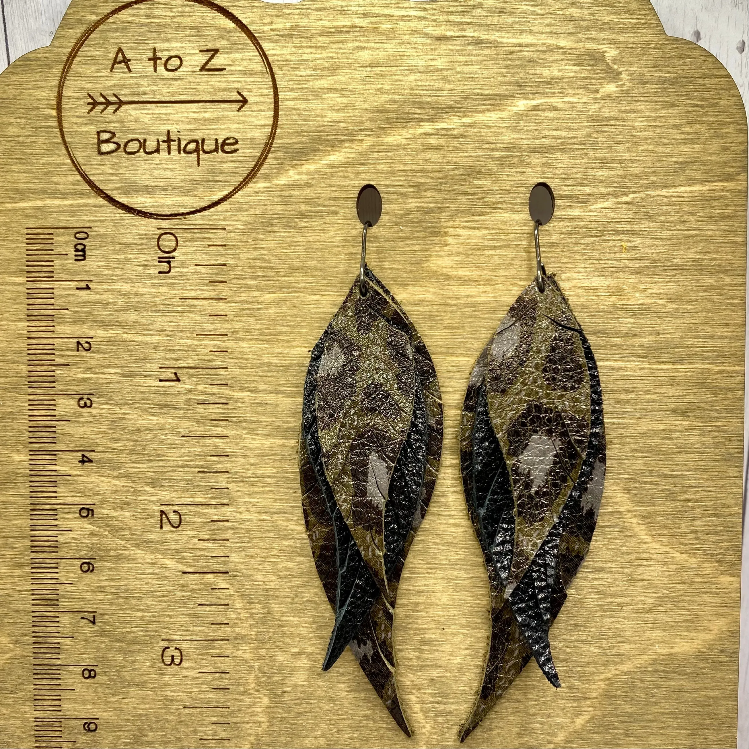 Olive and Black Animal PrintLeather Feather Earrings