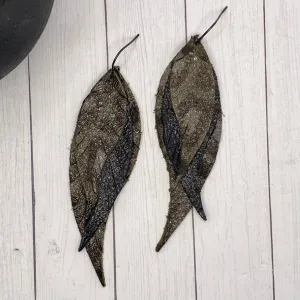 Olive and Black Animal PrintLeather Feather Earrings