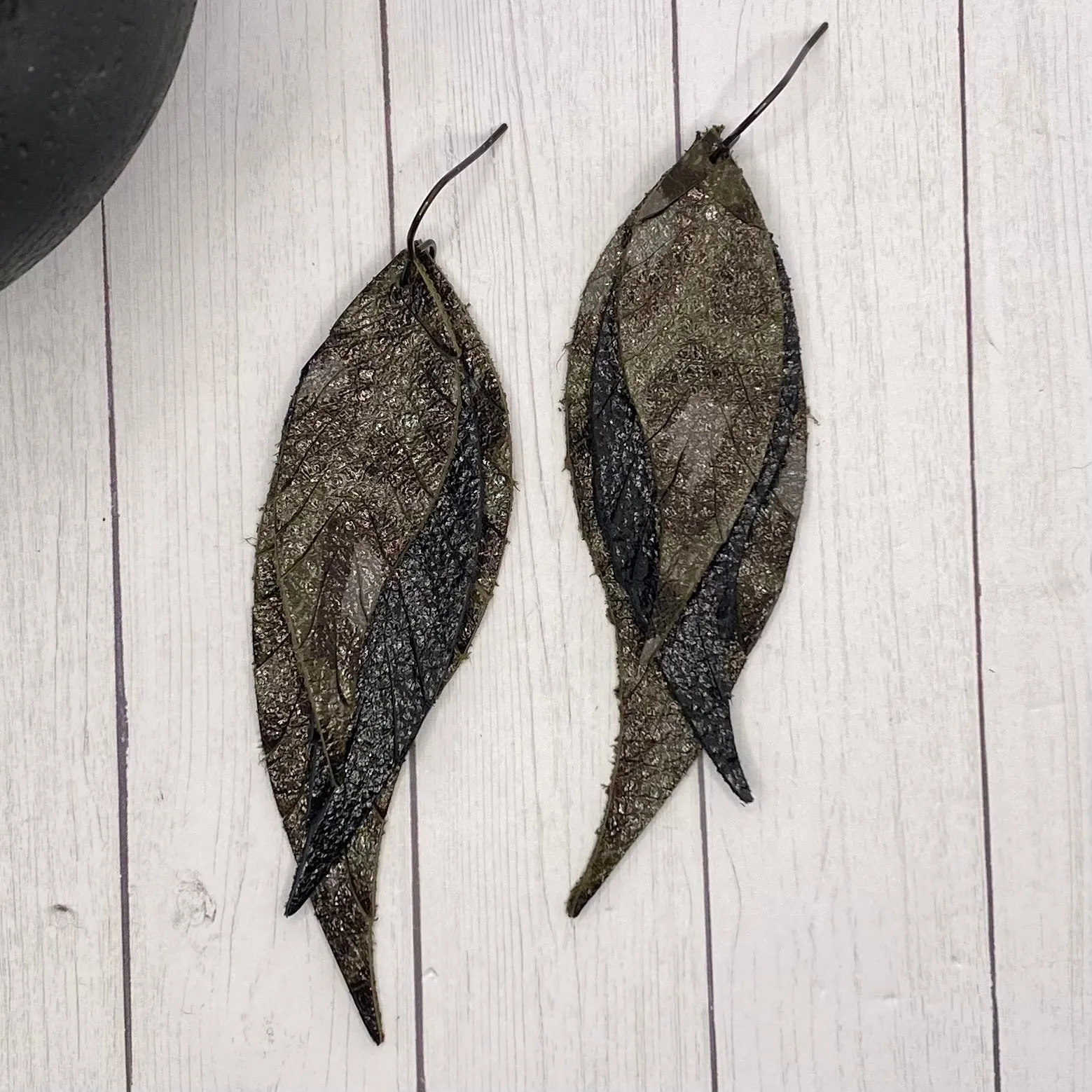 Olive and Black Animal PrintLeather Feather Earrings