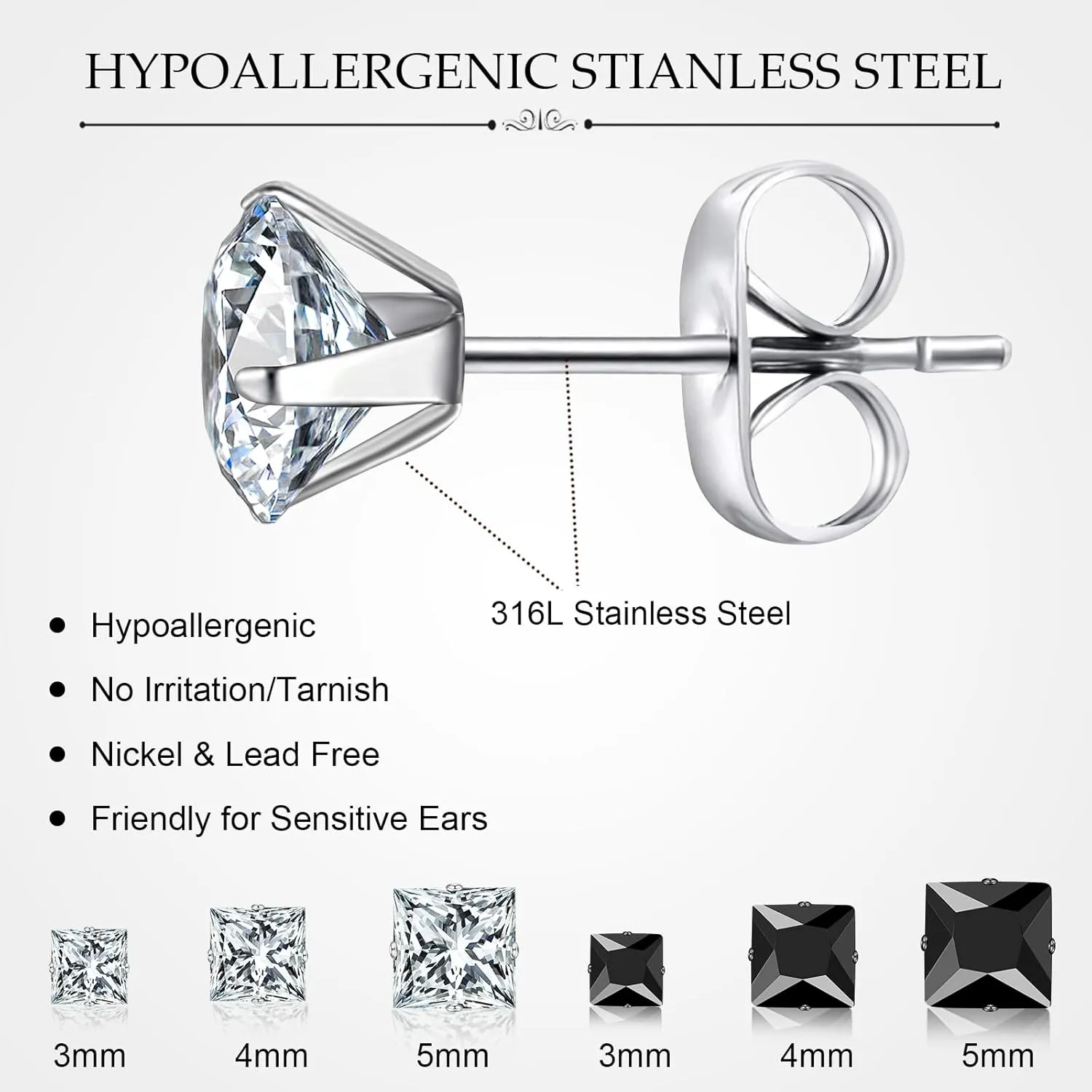ONESING 6 Pairs Stud Earrings for Men Women, Stainless Steel 3-4-5mm Hypoallergenic Cubic Zirconia Earrings Studs Silver/Black Cartilage Helix Tragus Earring Set for Multiple Piercing