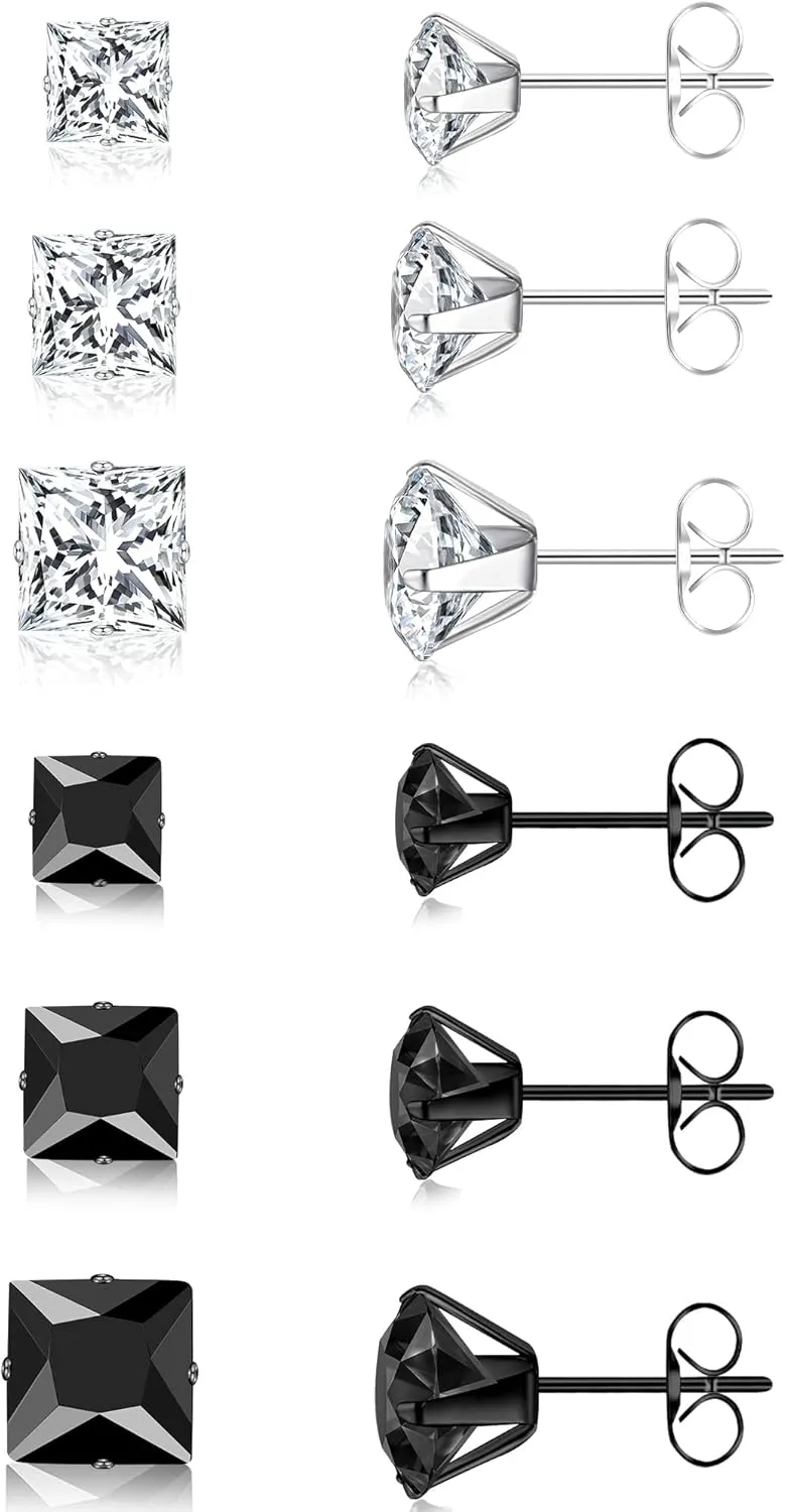 ONESING 6 Pairs Stud Earrings for Men Women, Stainless Steel 3-4-5mm Hypoallergenic Cubic Zirconia Earrings Studs Silver/Black Cartilage Helix Tragus Earring Set for Multiple Piercing