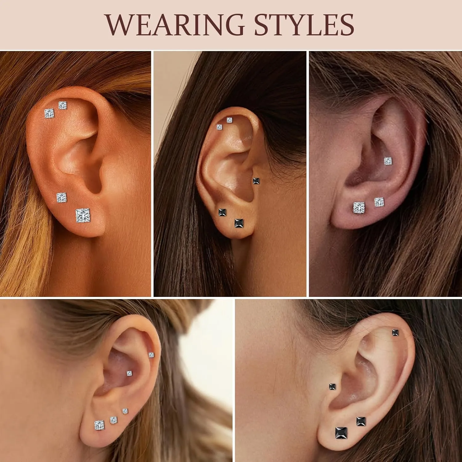 ONESING 6 Pairs Stud Earrings for Men Women, Stainless Steel 3-4-5mm Hypoallergenic Cubic Zirconia Earrings Studs Silver/Black Cartilage Helix Tragus Earring Set for Multiple Piercing