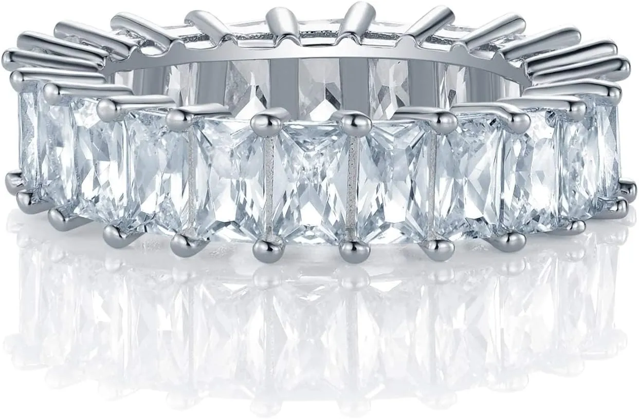OPOMOMO 18K Gold Plated Ring Cubic Zirconia Emerald Cut Eternity Rings Gold Wedding Band