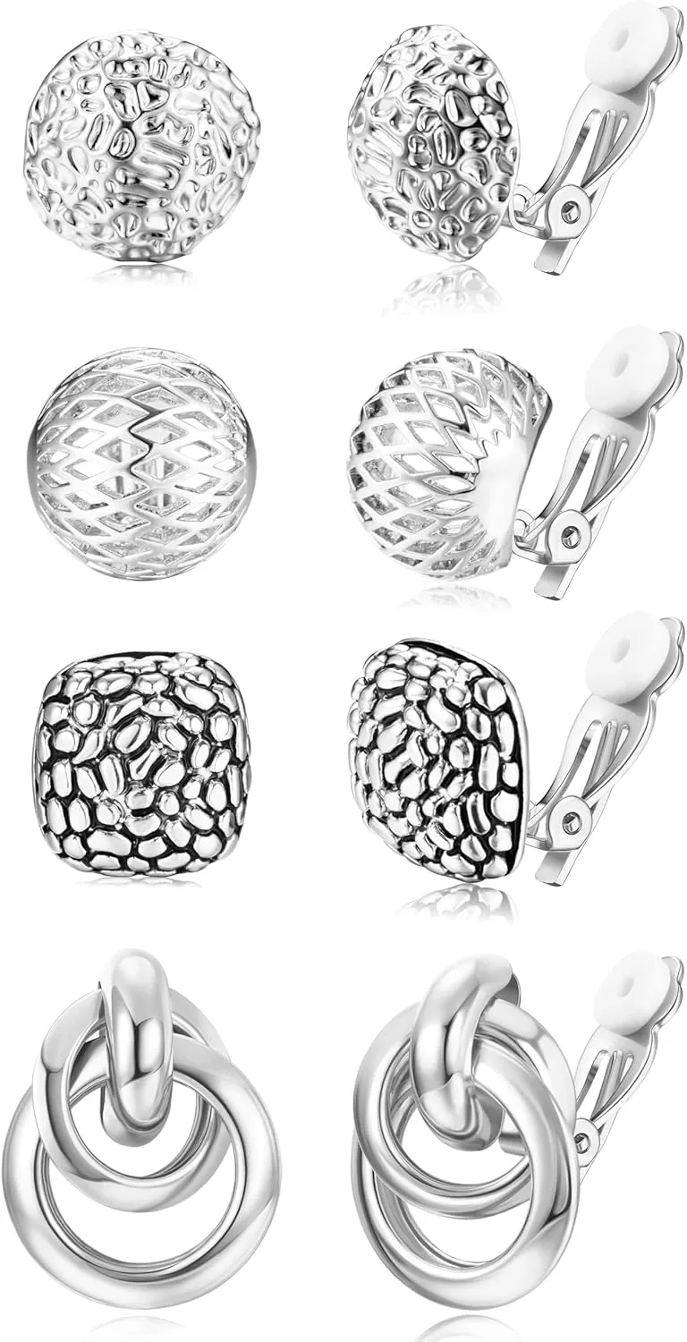 ORAZIO 4Pairs Clip On Earrings for Women Gold Silver Clip On Hoop Earrings Chunky Teardrop Clip Earrings Twist Round Clip On Stud Earrings No Piercing Fake Earrings Set