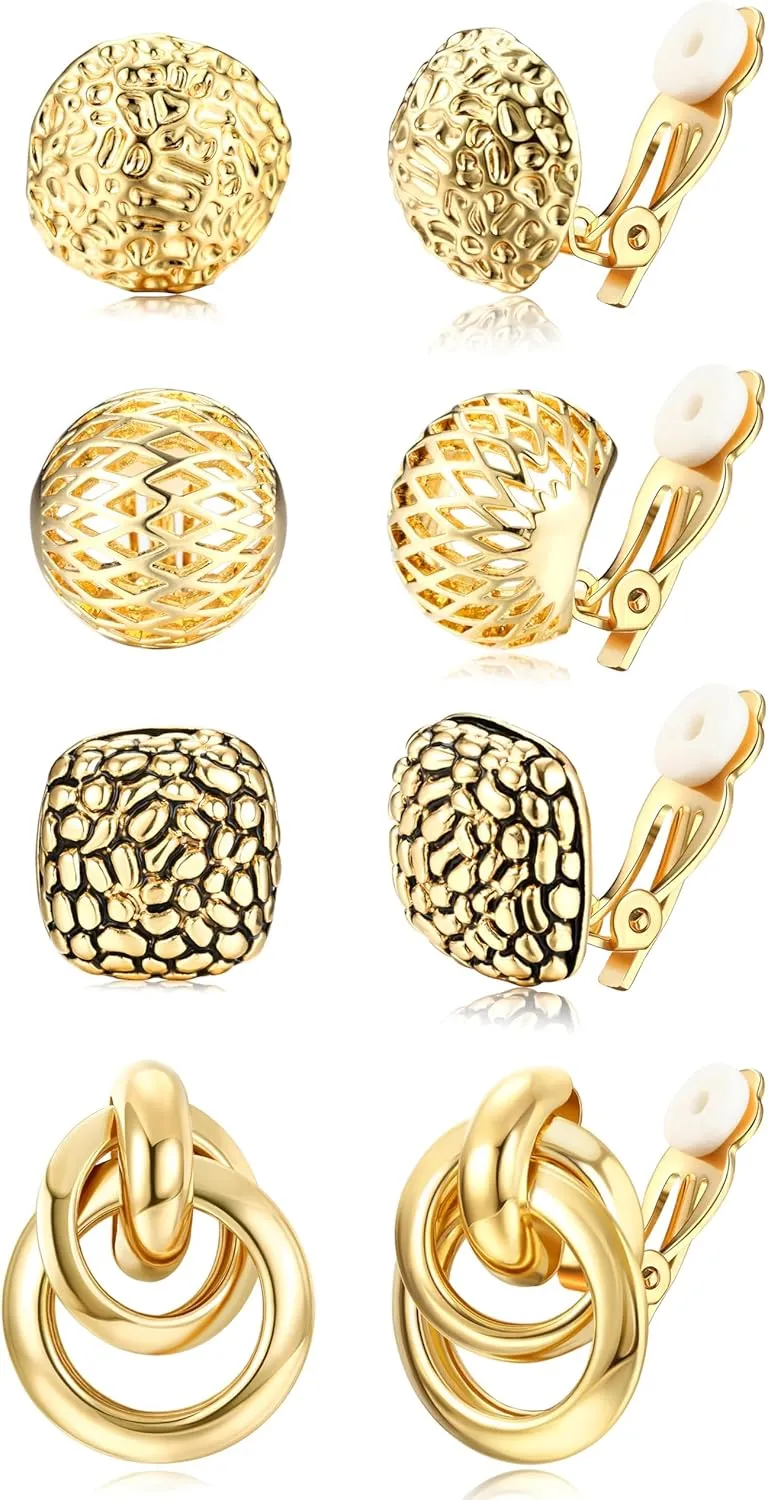 ORAZIO 4Pairs Clip On Earrings for Women Gold Silver Clip On Hoop Earrings Chunky Teardrop Clip Earrings Twist Round Clip On Stud Earrings No Piercing Fake Earrings Set