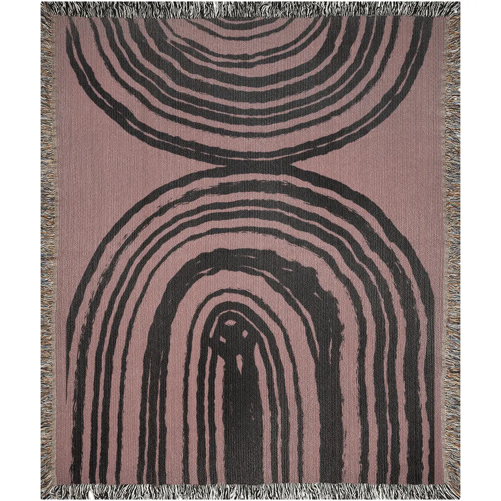 Organic Ring Pattern Woven Cotton Blanket in Dusty Rose and Black