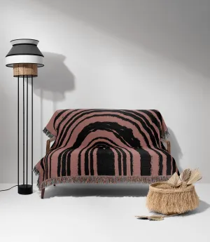 Organic Ring Pattern Woven Cotton Blanket in Dusty Rose and Black