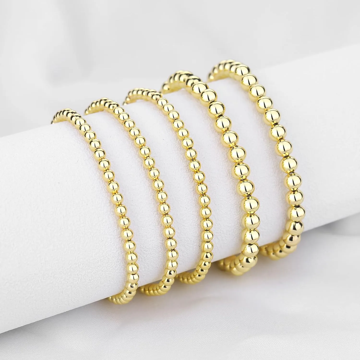 Oveta Gold Beaded Bracelets 18K Gold/Silver Plated Stackable Bracelets for Women Non Tarnish Stretch Bracelets Set