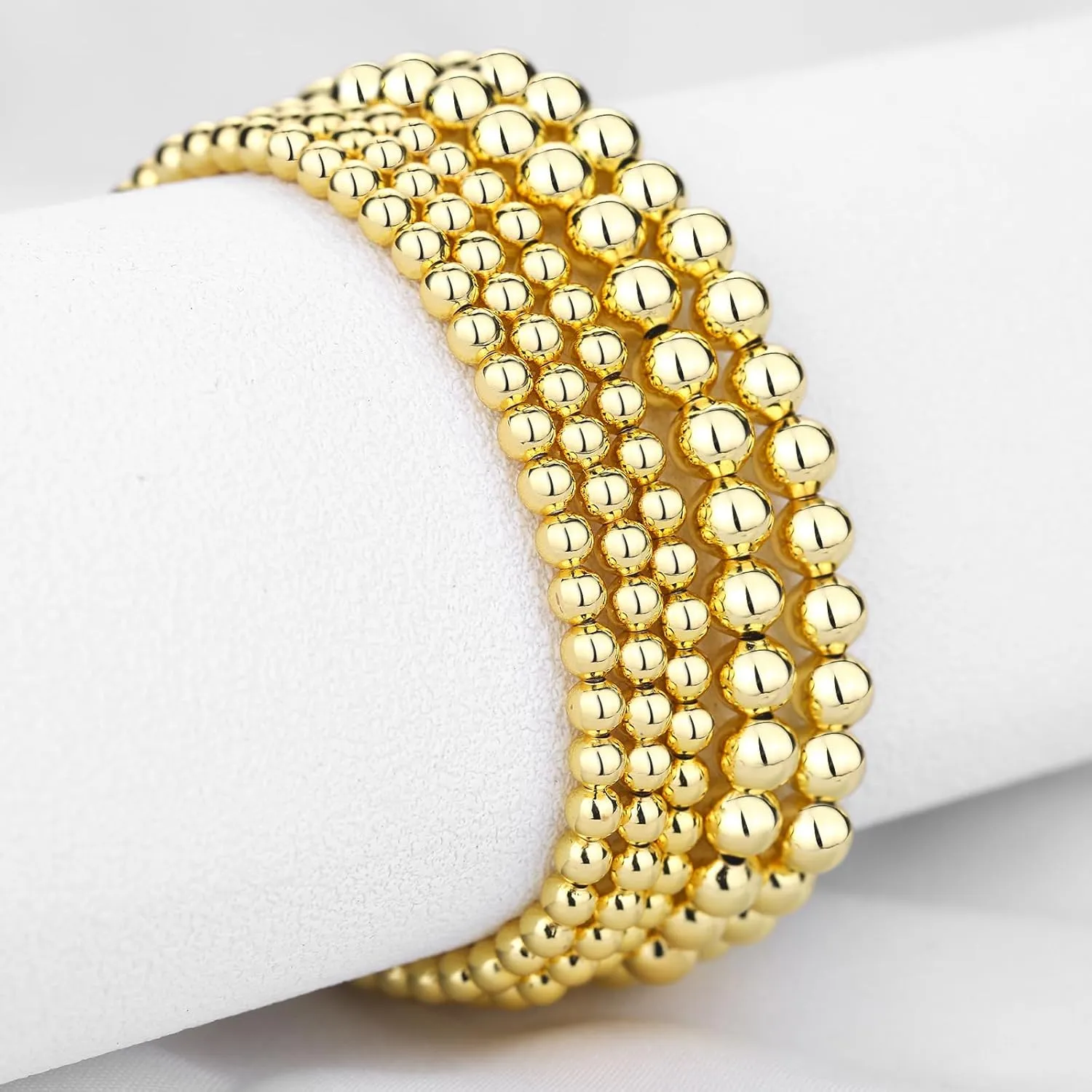 Oveta Gold Beaded Bracelets 18K Gold/Silver Plated Stackable Bracelets for Women Non Tarnish Stretch Bracelets Set