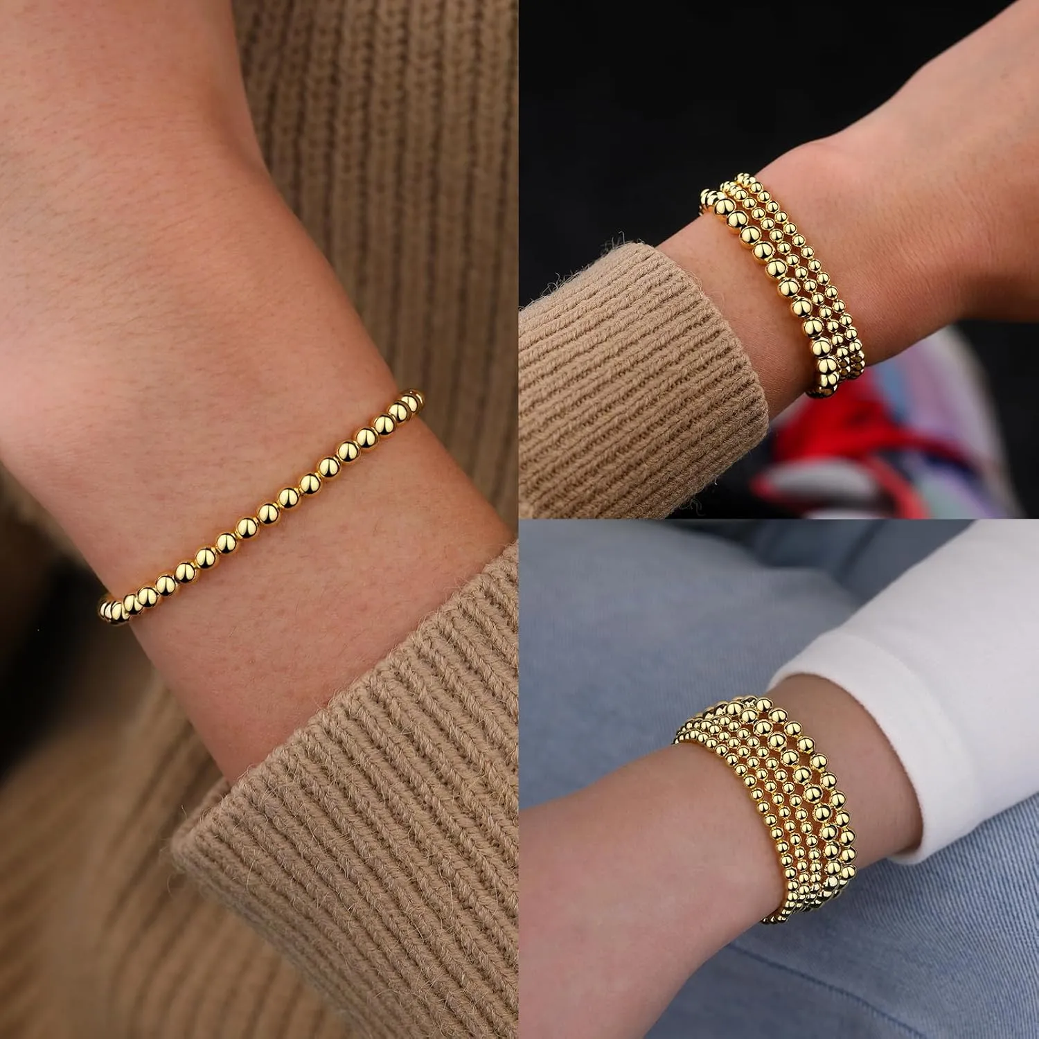 Oveta Gold Beaded Bracelets 18K Gold/Silver Plated Stackable Bracelets for Women Non Tarnish Stretch Bracelets Set
