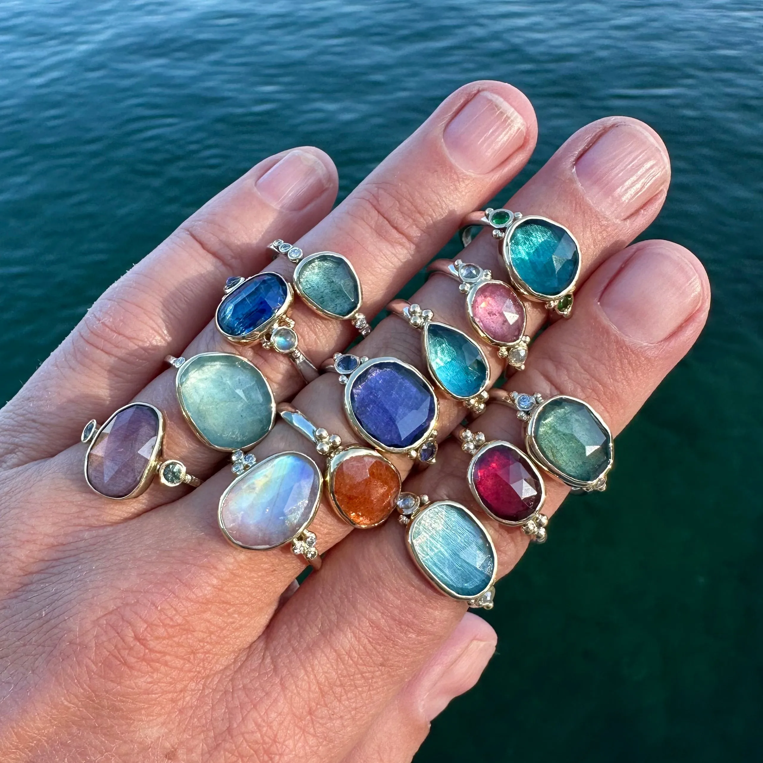 Peach Tourmaline and Green Sapphire Ring