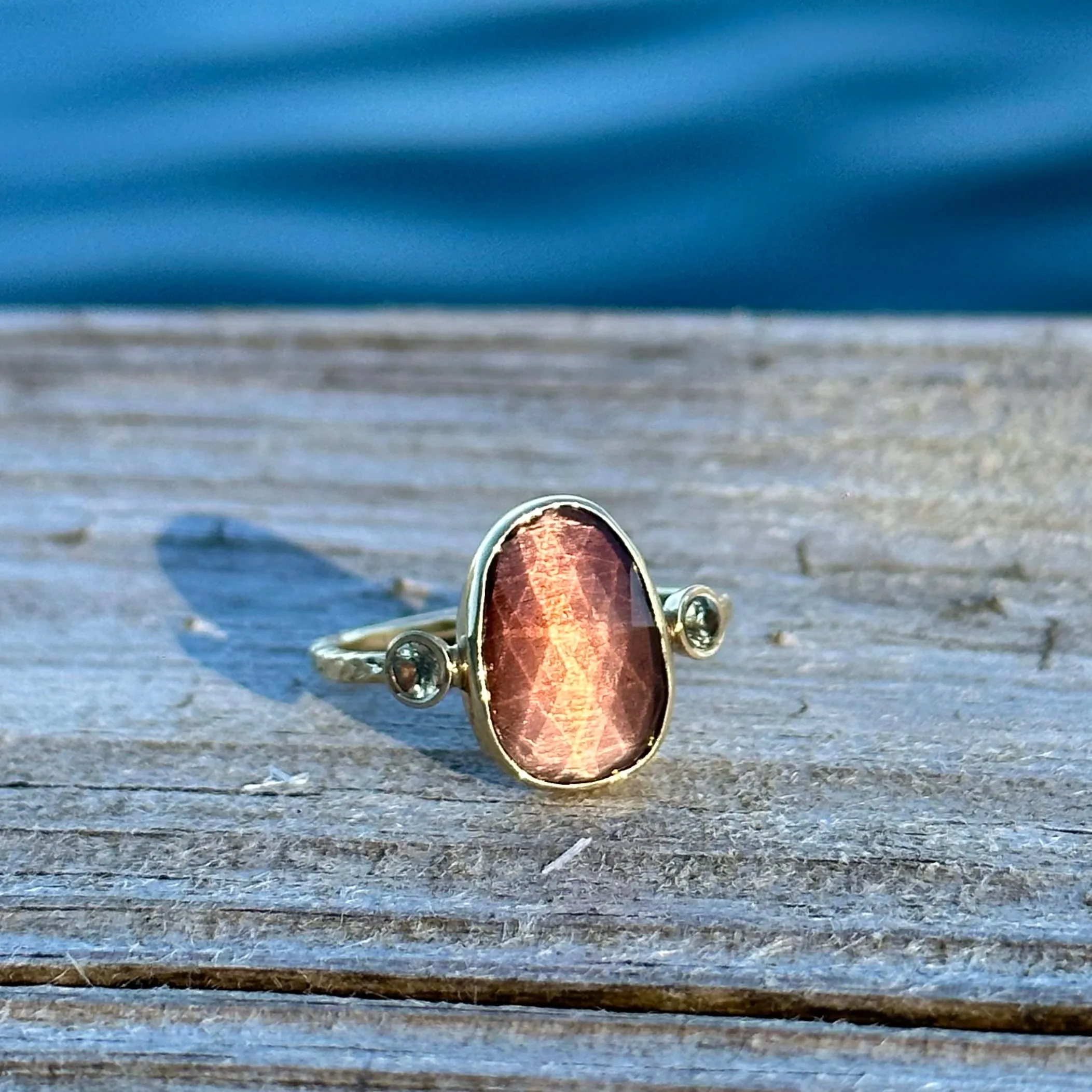 Peach Tourmaline and Green Sapphire Ring