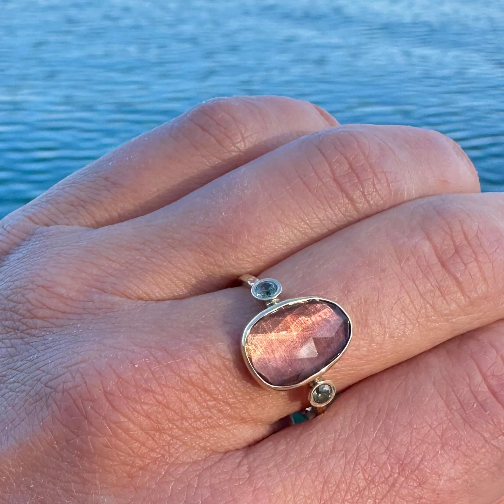 Peach Tourmaline and Green Sapphire Ring