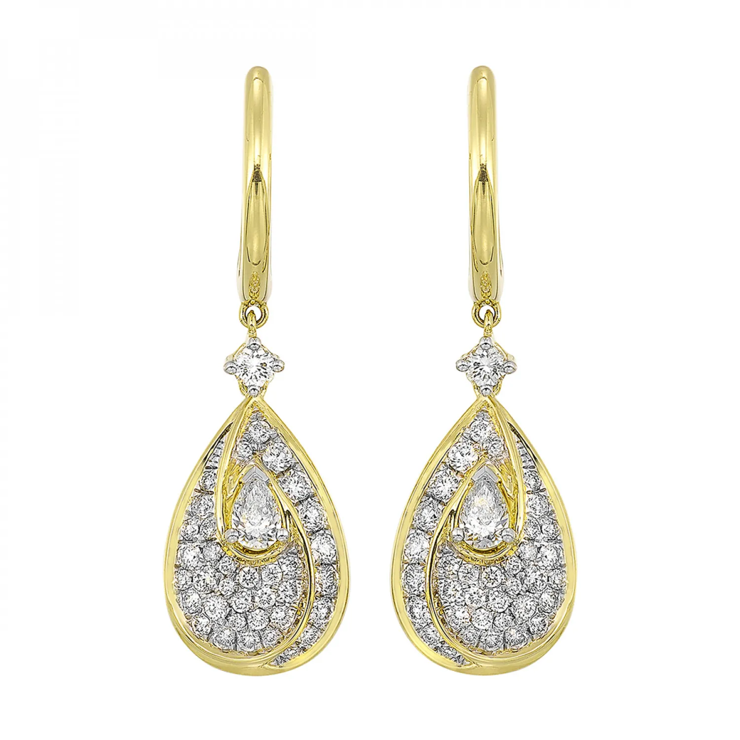 Pear Shaped 14k Yellow Gold Diamond Drop Earrings, 1.10 ctw