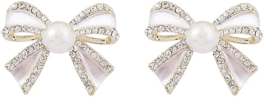 Pearl Bow Knot Small Stud Earrings 925 Sterling Silver Pins Cubic Zirconia Crystal Butterfly Tie Cute Statement Earrings Cartilage Studs Wedding Christmas Jewelry Gifts for Women Girls