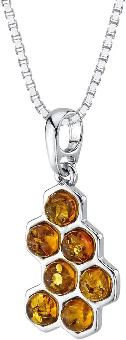PEORA Genuine Baltic Amber Honeycomb Pendant Necklace for Women 925 Sterling Silver, Rich Cognac Color, with 18 inch Chain, Real Baltic Amber Necklace for Adults, 100% Natural from Baltic Region