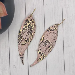 Pink and Bronze Genuine Leather Feather Earrings