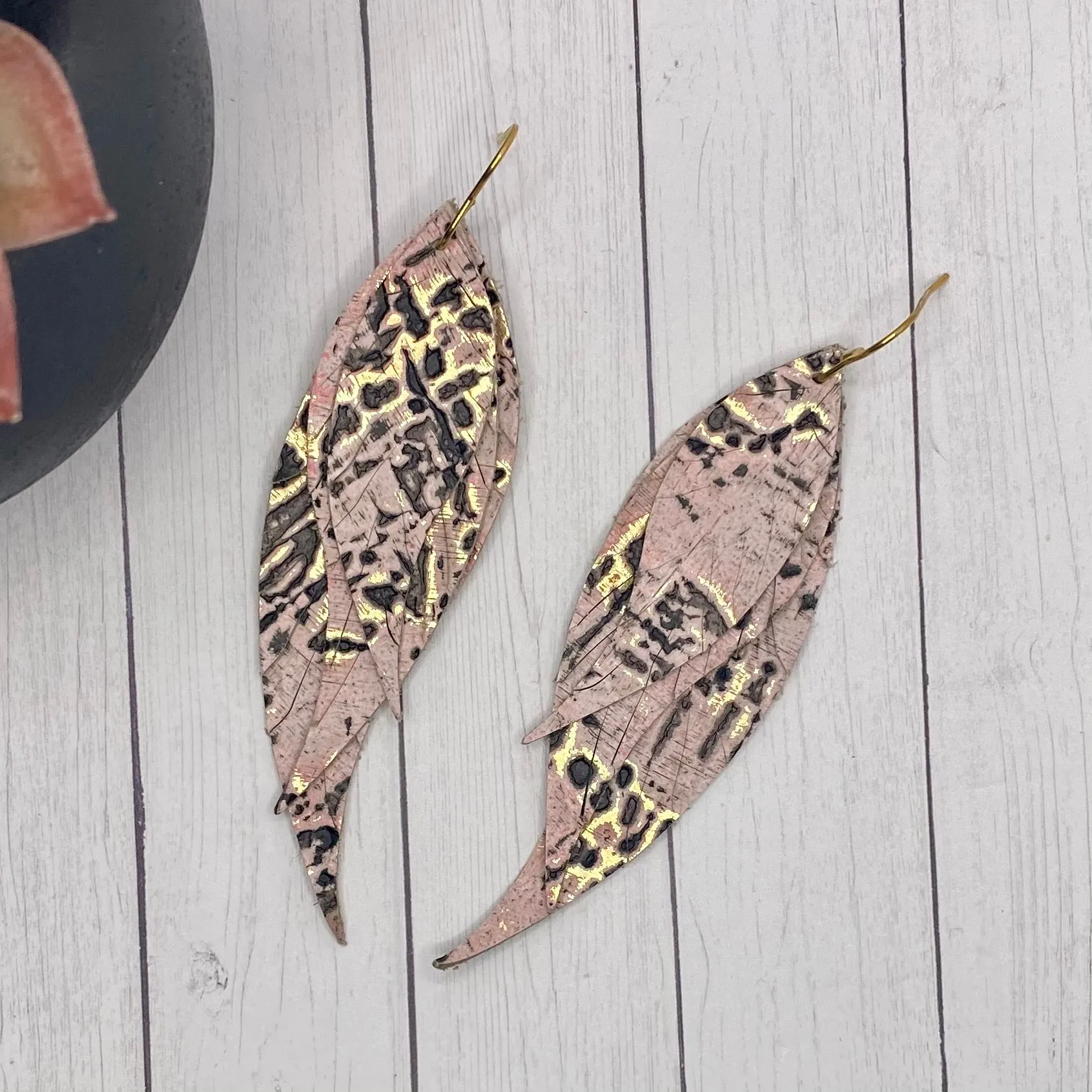 Pink and Bronze Genuine Leather Feather Earrings