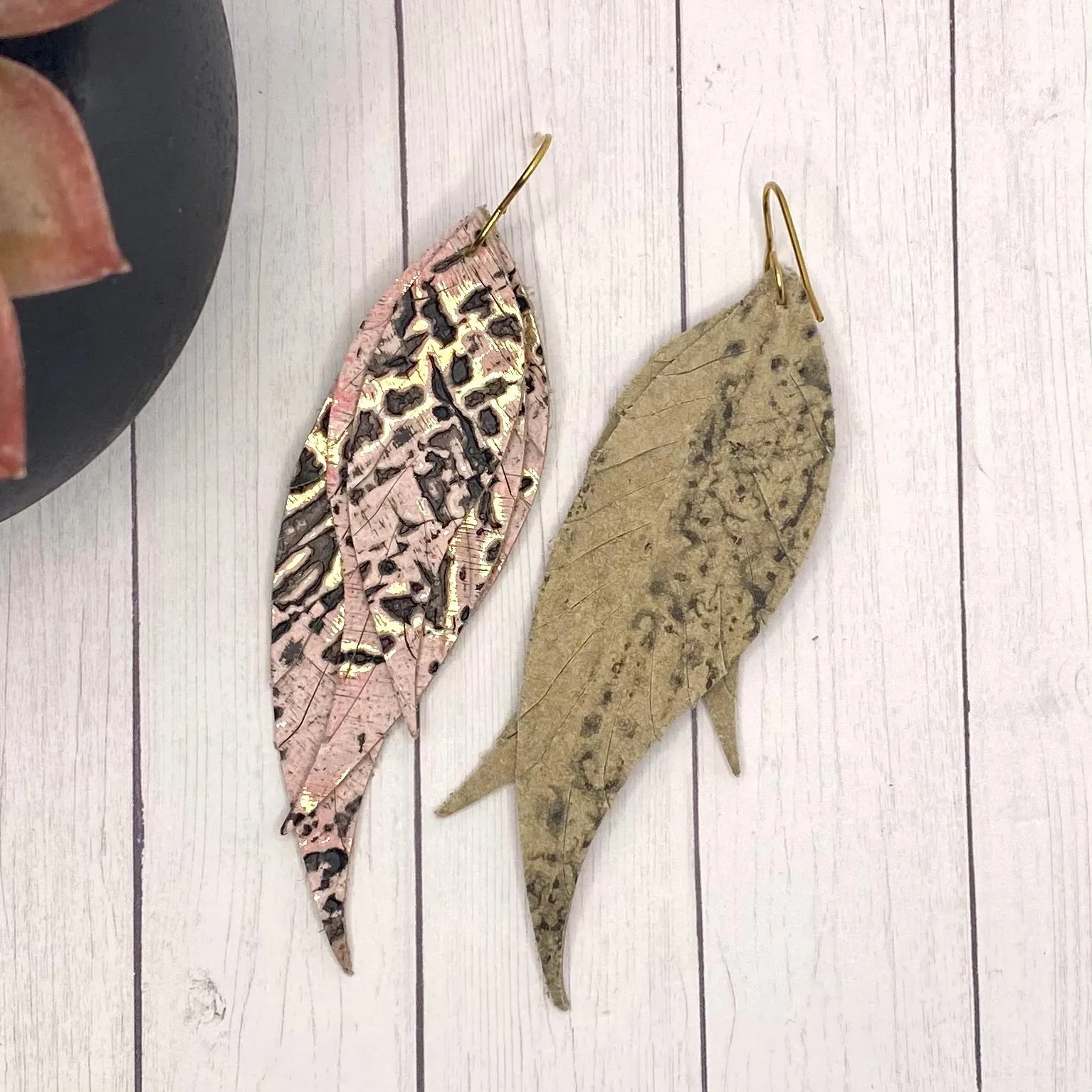 Pink and Bronze Genuine Leather Feather Earrings