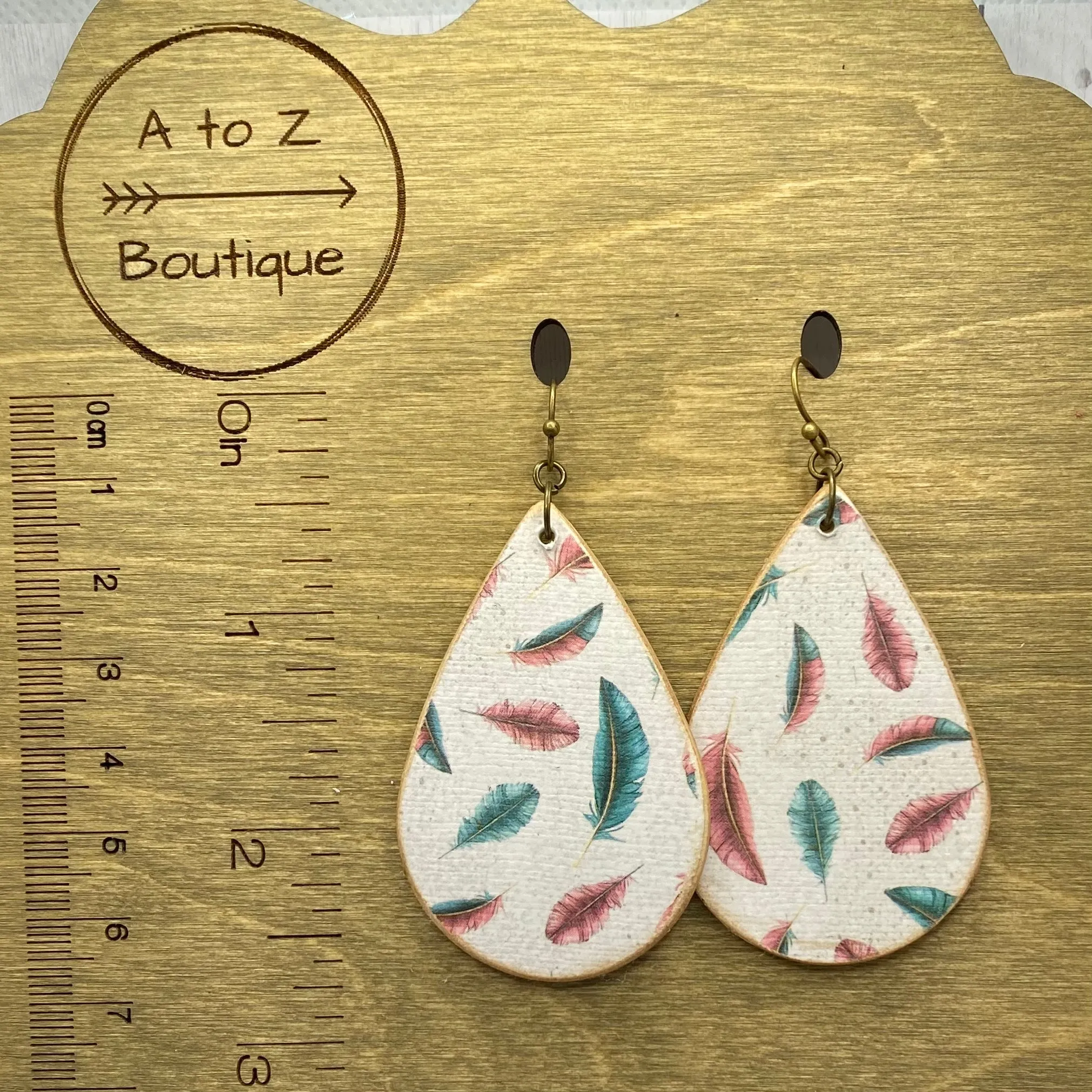 Pink and Teal Feather Wood Earrings