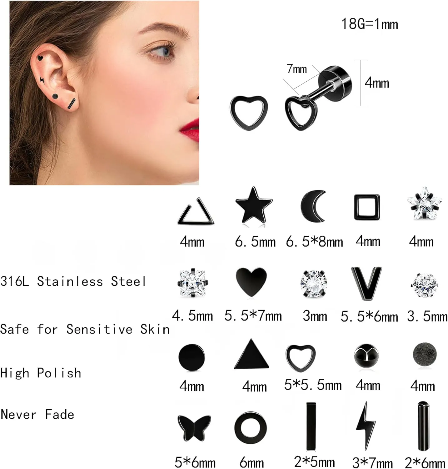 PLOMFOV 20Pairs Stainless Steel Stud Earrings Set for Women Men 18G Cartilage Stud Earrings Moon Star Triangle Circle Heart Square Butterfly CZ Stainless Steel Flat Back Earrings Piercing Jewelry