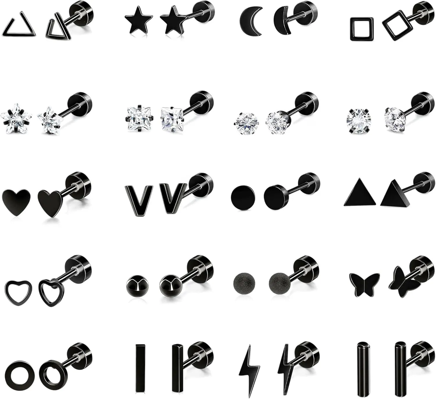 PLOMFOV 20Pairs Stainless Steel Stud Earrings Set for Women Men 18G Cartilage Stud Earrings Moon Star Triangle Circle Heart Square Butterfly CZ Stainless Steel Flat Back Earrings Piercing Jewelry