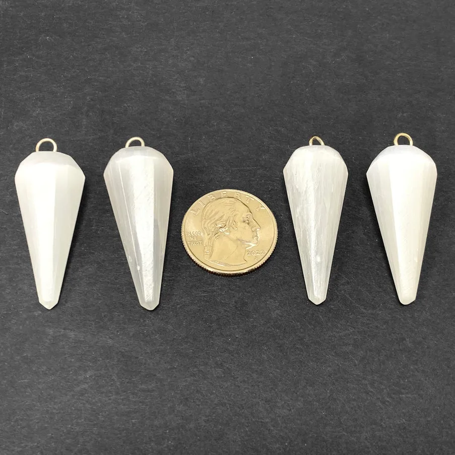 Polished Selenite Faceted Cone Shaped Pendants