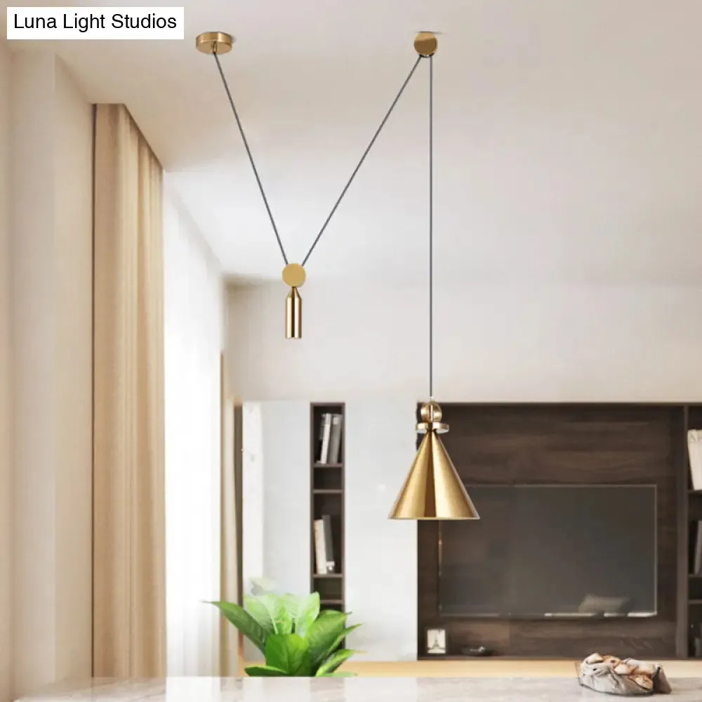 Postmodern Conical Metallic Ceiling Pendant Light with Gold Pulley for Living Room