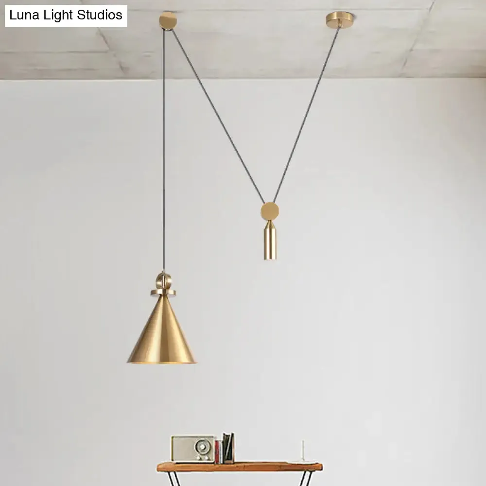 Postmodern Conical Metallic Ceiling Pendant Light with Gold Pulley for Living Room