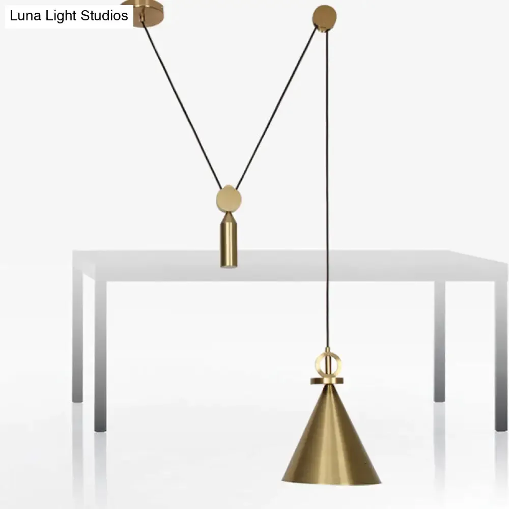 Postmodern Conical Metallic Ceiling Pendant Light with Gold Pulley for Living Room