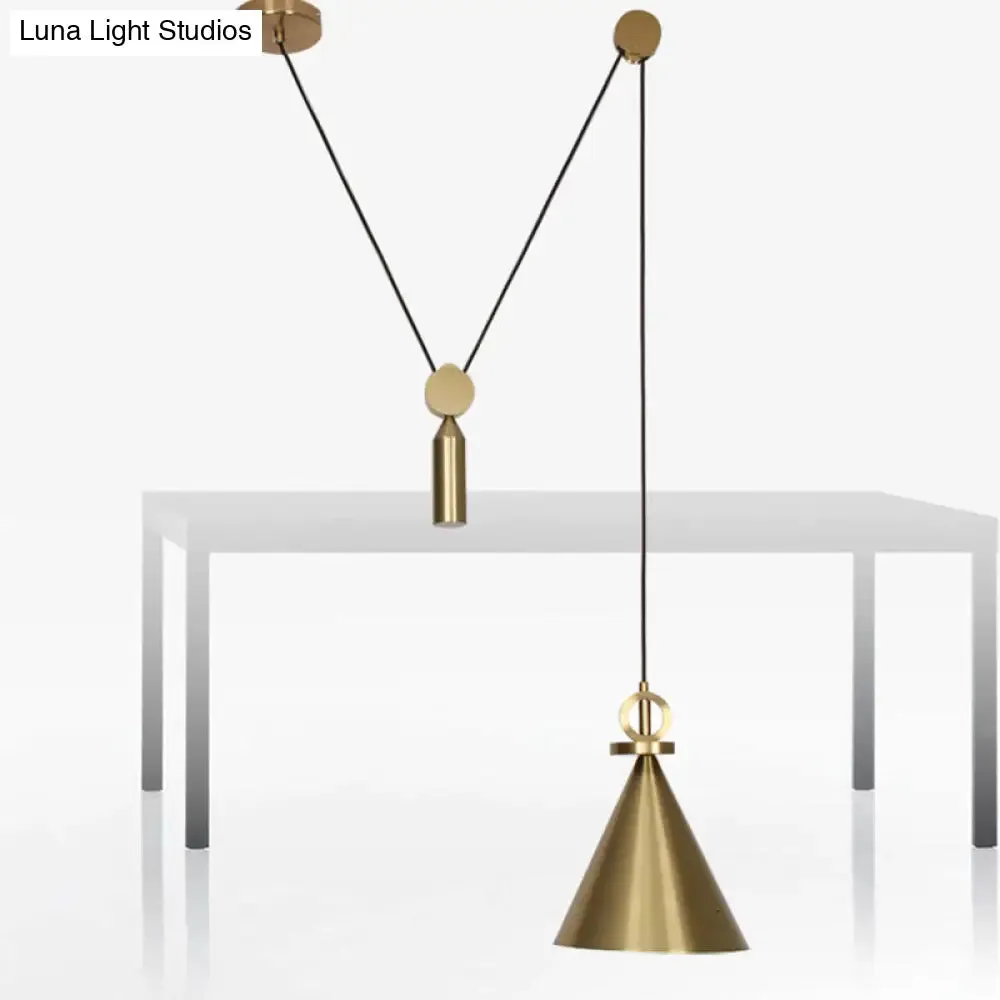 Postmodern Conical Metallic Ceiling Pendant Light with Gold Pulley for Living Room