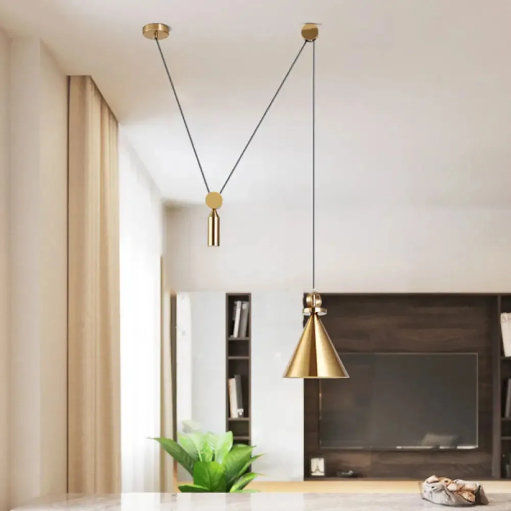 Postmodern Conical Metallic Ceiling Pendant Light with Gold Pulley for Living Room
