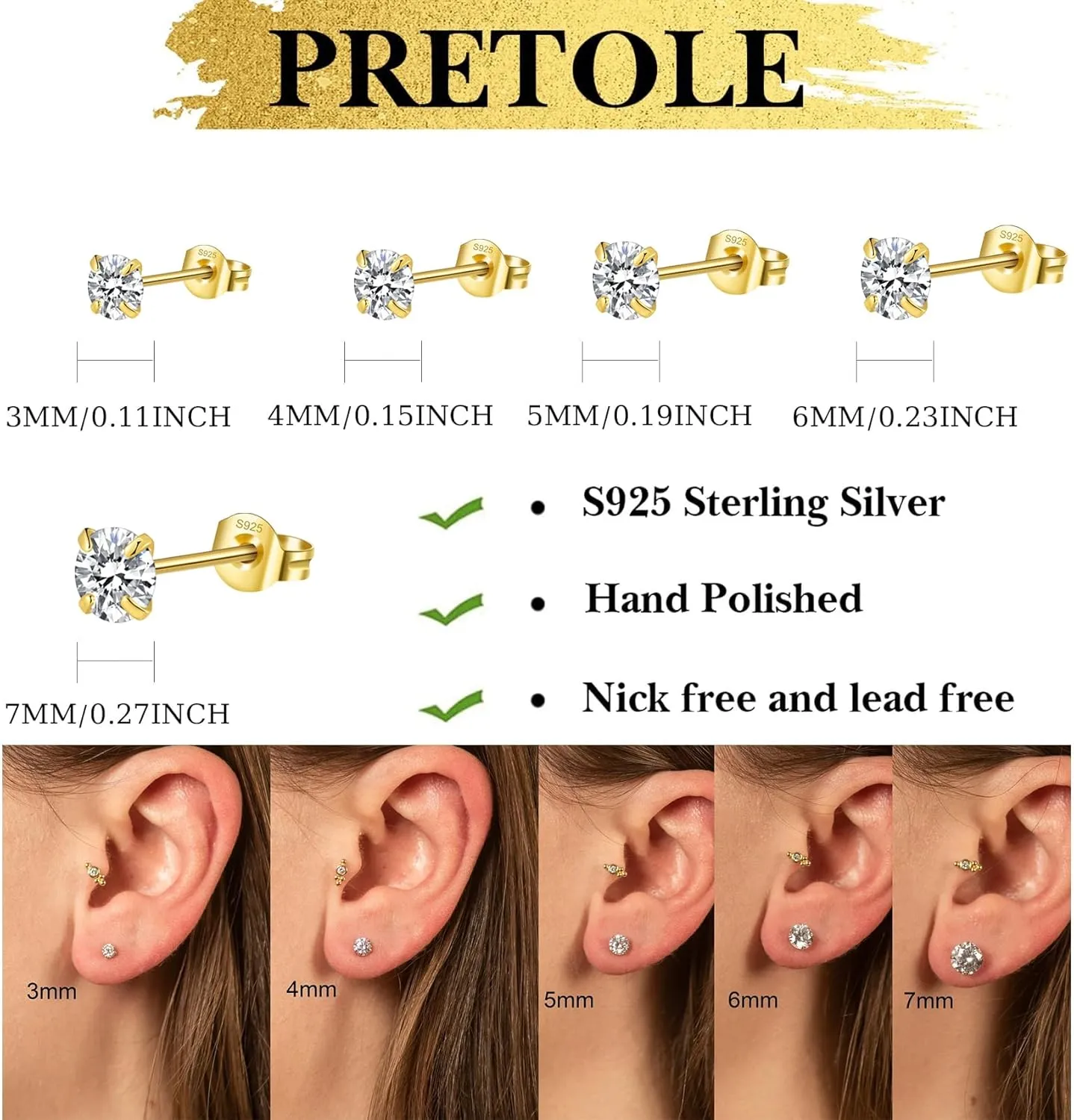 PRETOLE 8 Pairs Sterling Silver Stud Earrings for Women,14K Gold Plated Stud Earrings Set for Women Hypoallergenic Stud Earrings Cubic Zirconia Stud Earrings Small Stud Earrings for Women