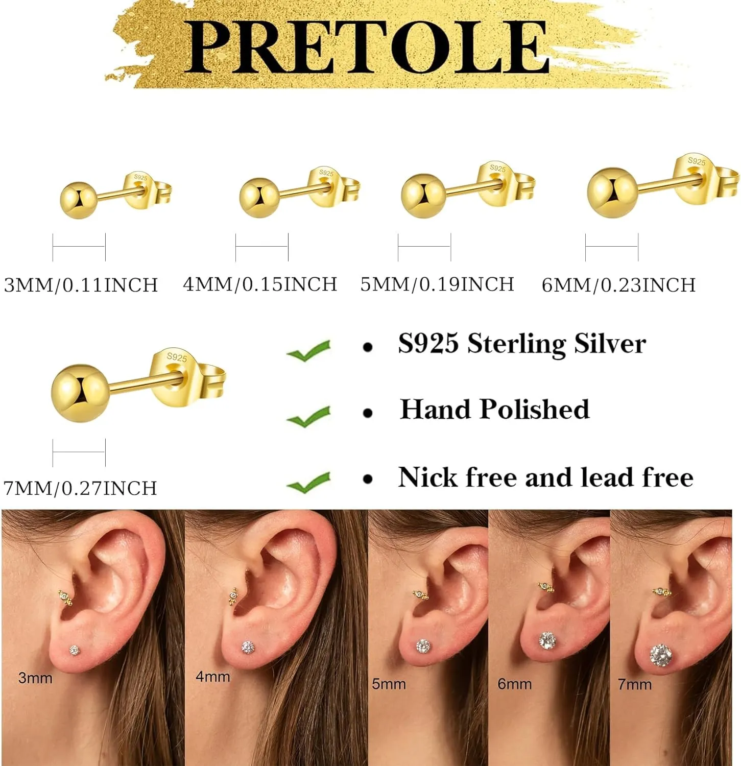 PRETOLE 8 Pairs Sterling Silver Stud Earrings for Women,14K Gold Plated Stud Earrings Set for Women Hypoallergenic Stud Earrings Cubic Zirconia Stud Earrings Small Stud Earrings for Women