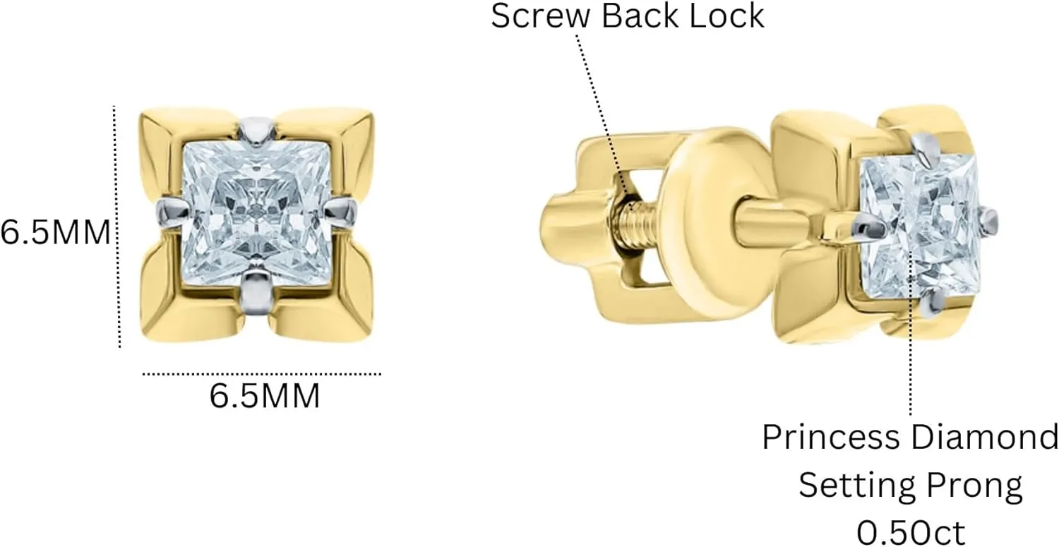 Princess Diamond(1.00ct) Prong Stud, 7mm Solitaire Square Diamond Stud, 14k Solid Gold Earring, Gift for Women.