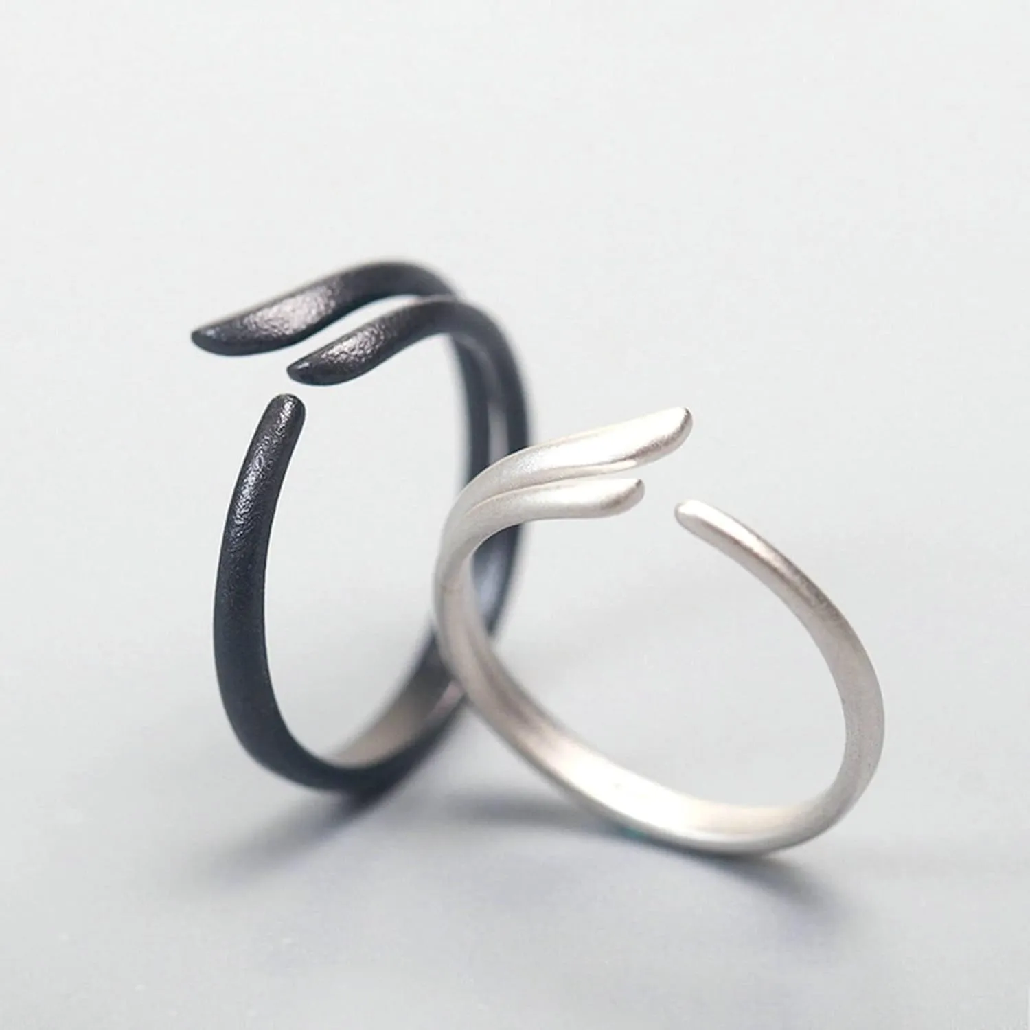 Promise Rings Adjustable Set, 925 Sterling Silver Promise Rings for Couples with Silver Black Angel Wing Couple Adjustable Band Jewelry Gift