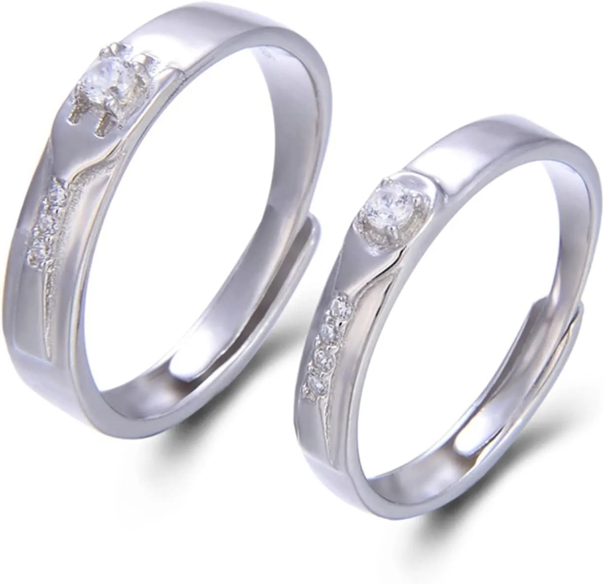 Promise Rings Adjustable Set, Crystal Rings 925 with Silver Simple Polished Design Couple Adjustable Ring Gift