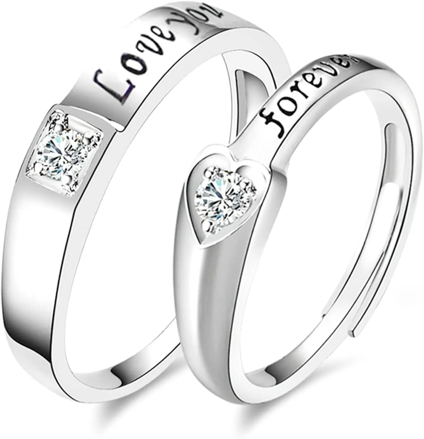 Promise Rings Adjustable Set, Sterling Silver Rings Heart with Silver Heart Forever Couple Adjustable Ring Gift
