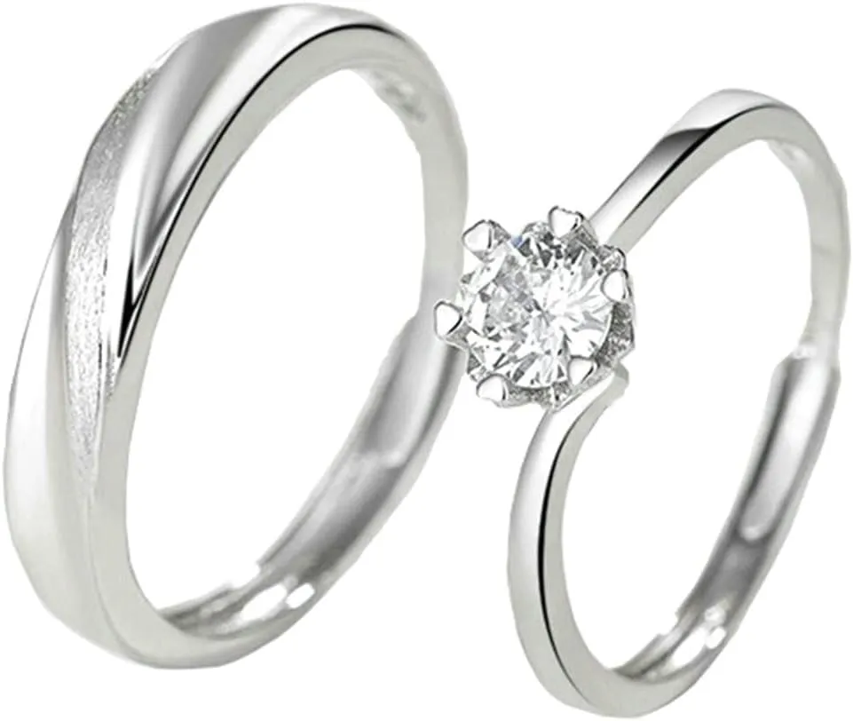 Promise Rings for Him and Her Set, Adjustable Rhinestone Ring with Silver Classical Design Couple Adjustable Band Jewelry Gift