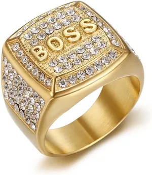 Psivika Gold Plated Bling Pinky Ring Simulated Diamond Hip Hop Iced Out Rings,Bling Gold Diamond Rings,Big Boss Rings