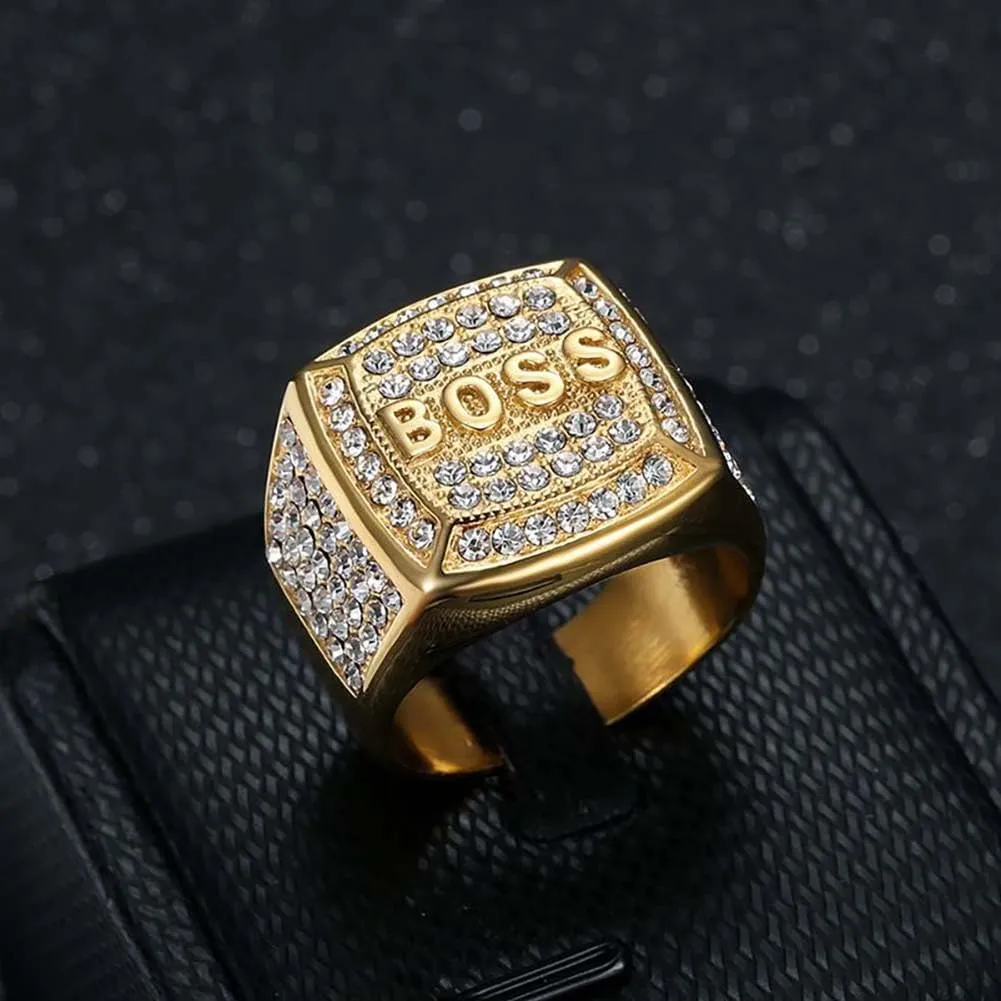 Psivika Gold Plated Bling Pinky Ring Simulated Diamond Hip Hop Iced Out Rings,Bling Gold Diamond Rings,Big Boss Rings