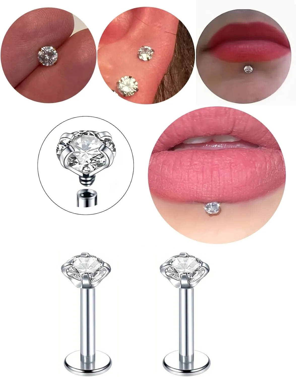 QWALIT 20g 18g 16g Tragus Piercing Jewelry Cartilage Tragus Earrings for Women Flat Back Nose Stud Internally Threaded Earrings Forward Helix Piercing Jewelry Threadless Taper Insertion Changing Tool