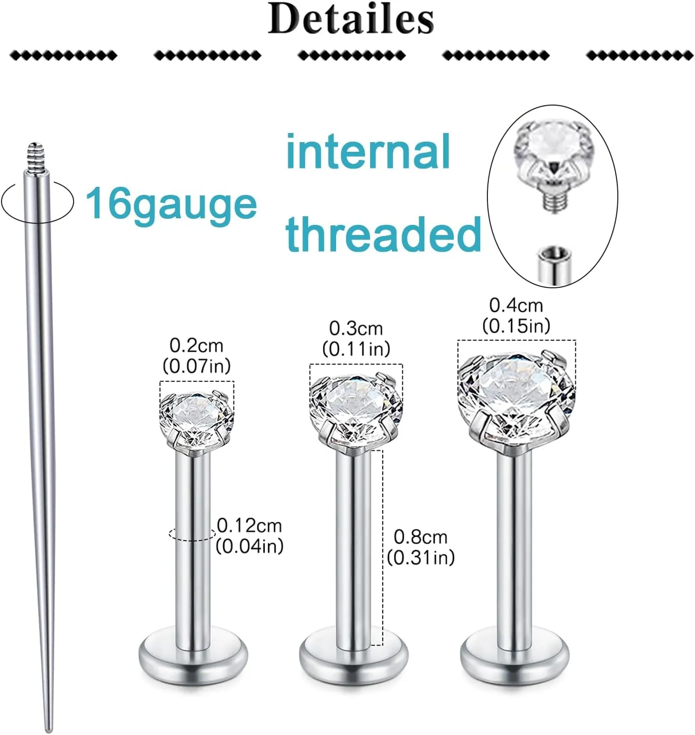 QWALIT 20g 18g 16g Tragus Piercing Jewelry Cartilage Tragus Earrings for Women Flat Back Nose Stud Internally Threaded Earrings Forward Helix Piercing Jewelry Threadless Taper Insertion Changing Tool