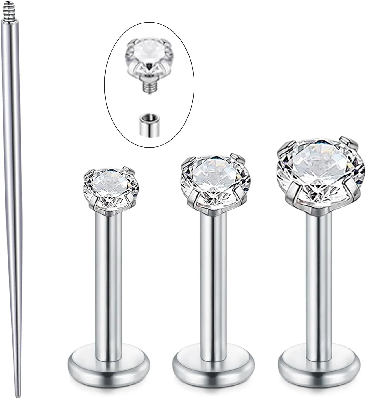 QWALIT 20g 18g 16g Tragus Piercing Jewelry Cartilage Tragus Earrings for Women Flat Back Nose Stud Internally Threaded Earrings Forward Helix Piercing Jewelry Threadless Taper Insertion Changing Tool