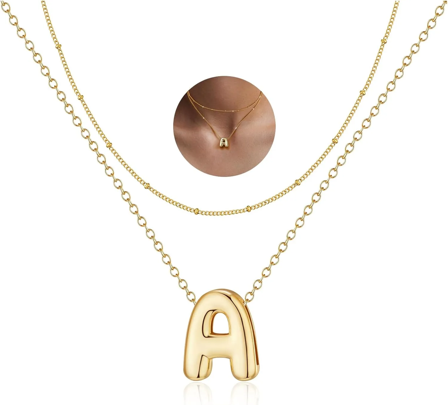 RANKEEF A Bubble Letter Necklace Gold 14k Initial Necklace For Women Gold Initial Necklace For Women Layered Bubble Letter Necklace