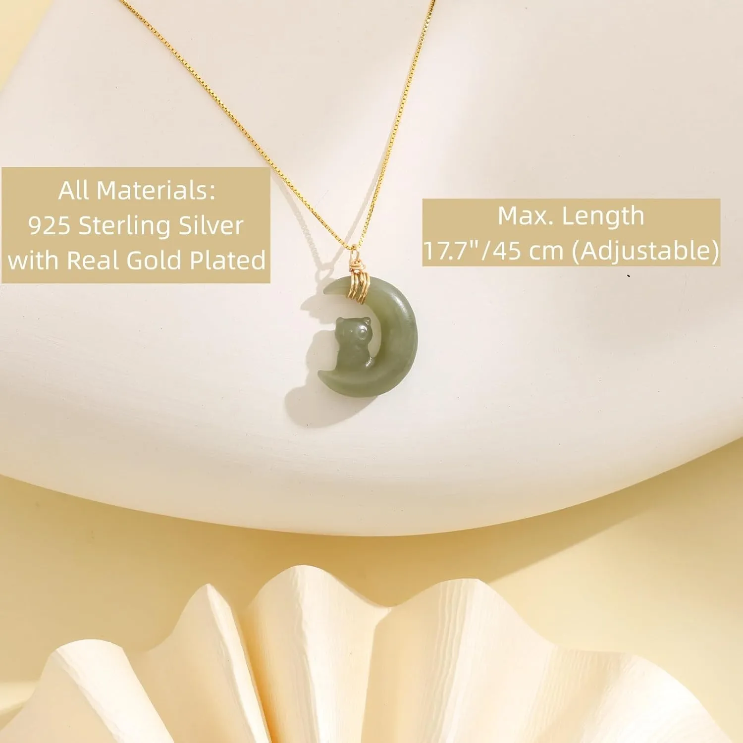 Real Natural Hetian Jade Necklace for Women Girl, Handmade Jade Moon Cat Shape Green Jade Necklace Choker Pendant for Friends Lover (925 Sterling Silver with Real Gold Plated)